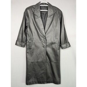 Vintage Jacqueline Ferrar Black Leather Trench Coat Womens 2P Long 40 Classic